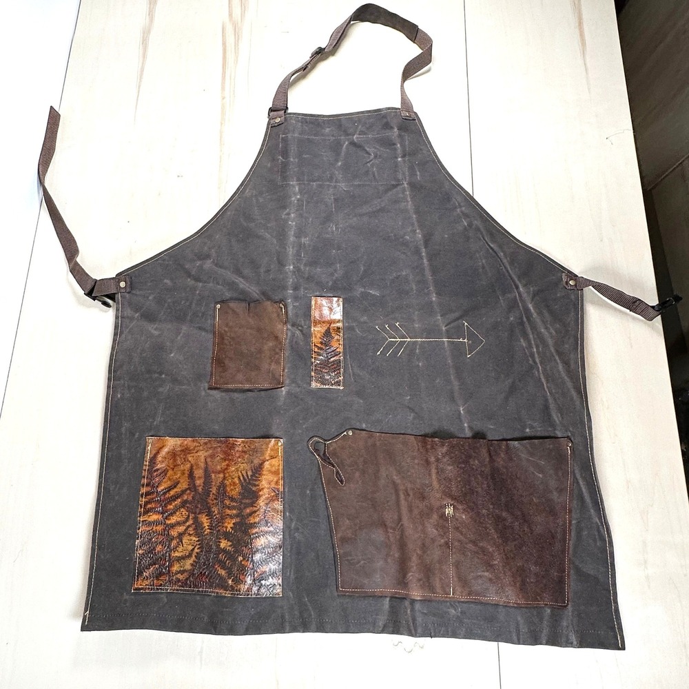 Heavy Duty Waxed Canvas Leather Fern Pocket Apron Brown Adjustable Workwear
